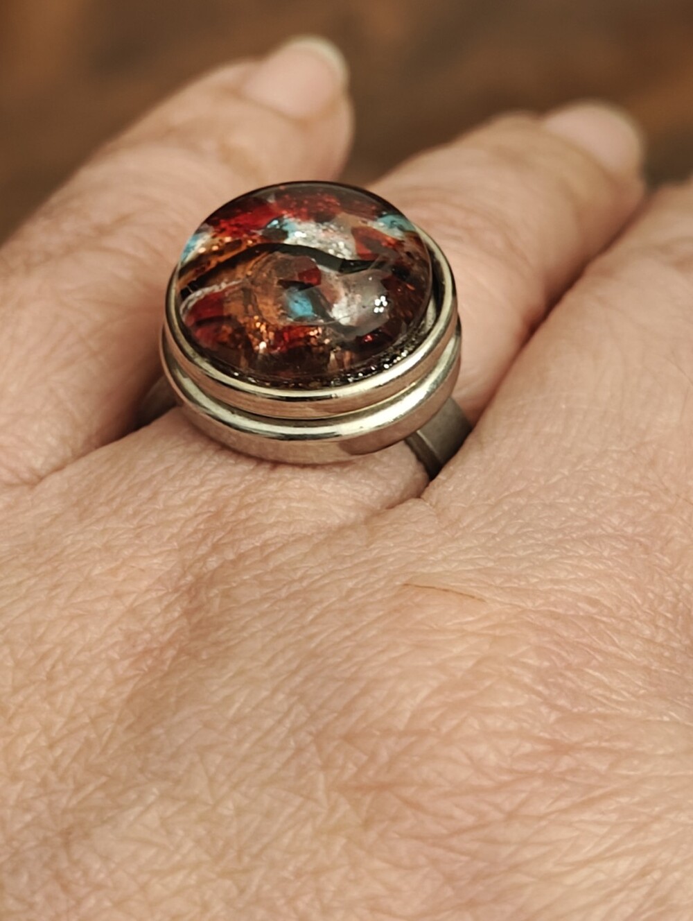 Y2K Signed Cré-Art Art Glass Pewter Ring